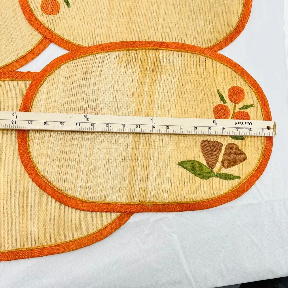 Vintage Abaca Woven Placemats Set‎ of 4 Fruit Embroidery Orange Oval Philippines